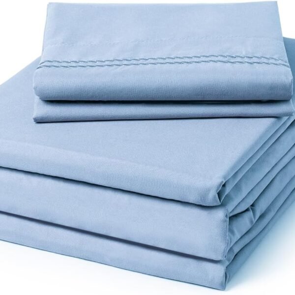 Soft, Breathable, Luxury Embroidered Microfiber 4-Piece Set With Deep Pockets (Light Blue, Fade-Resistant)