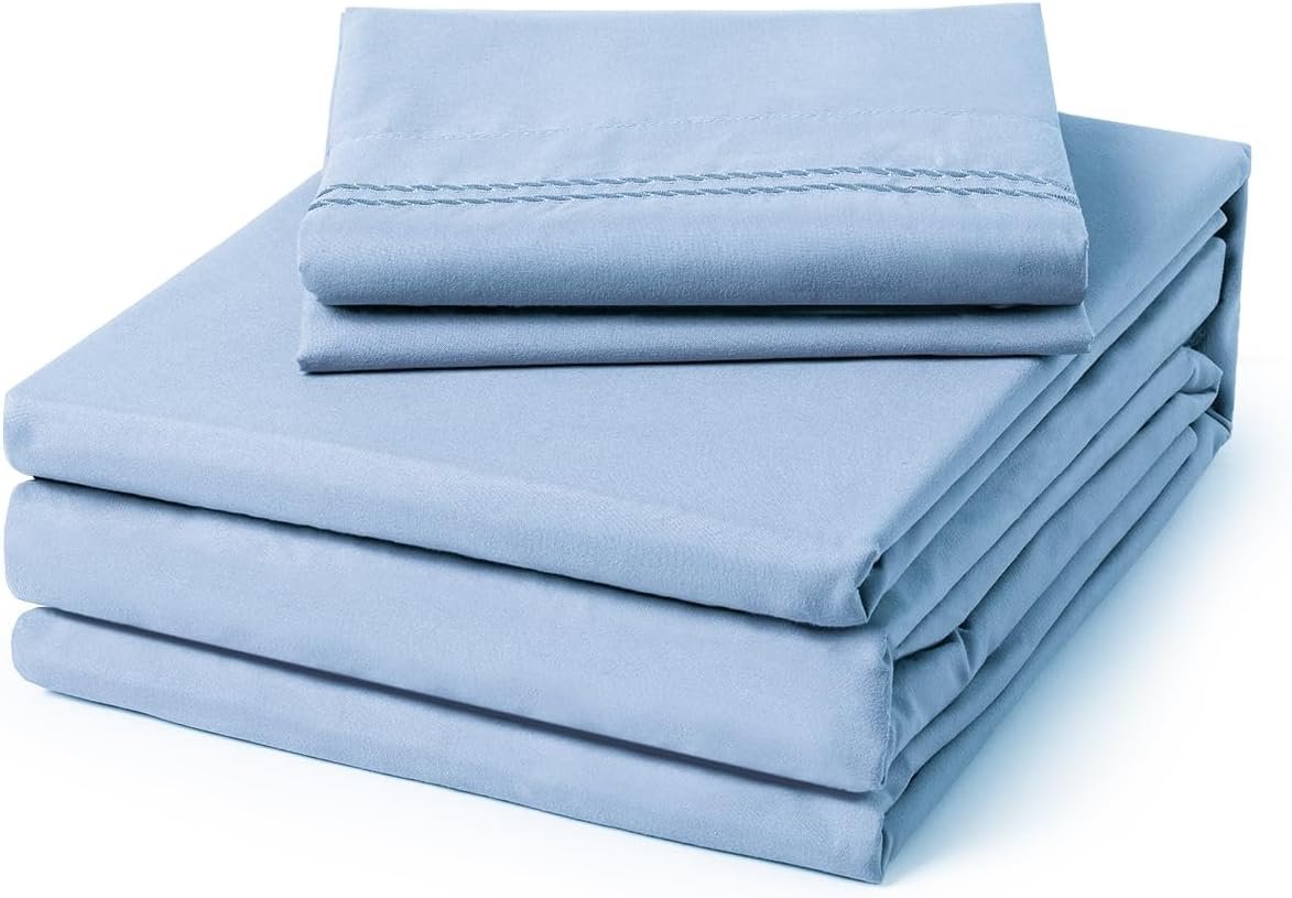 Soft, Breathable, Luxury Embroidered Microfiber 4-Piece Set With Deep Pockets (Light Blue, Fade-Resistant)
