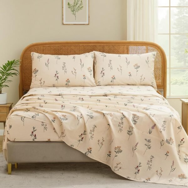 Beige Floral Cotton Plain-Weave Print 4-Piece Set: Cool, Soft, And Comfortable
