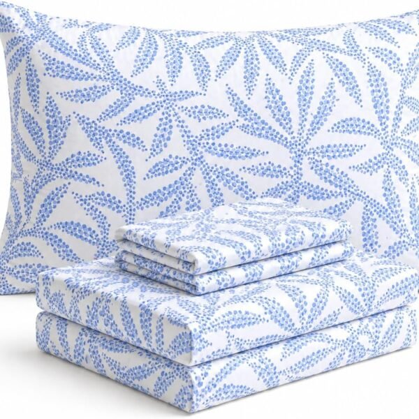 Blue Floral Print 4-Piece Set; Soft, Breathable, Deep-Pocket Design, Comfortable, And Lightweight