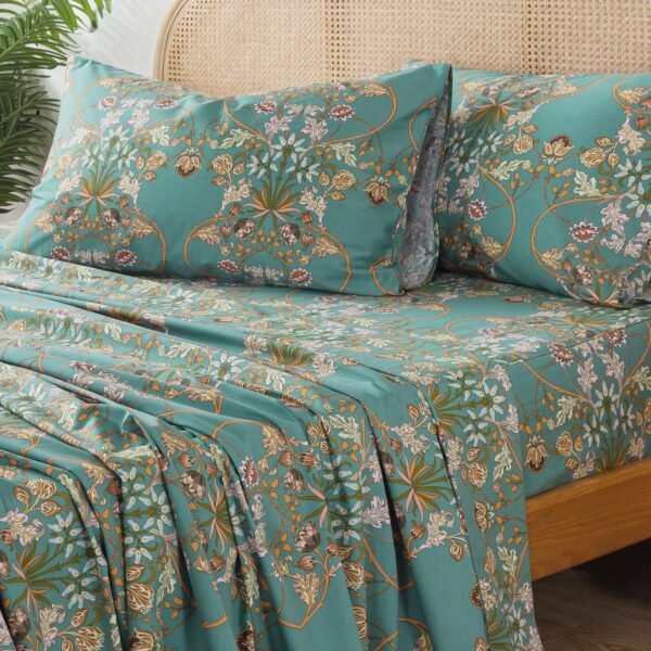 Teal Vintage Floral Cotton Plain-Weave Print 4-Piece Set: Soft