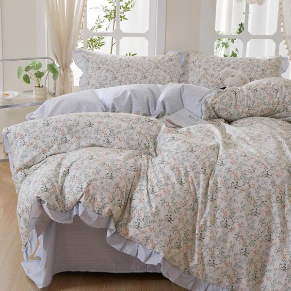 Blue Striped Print 4-Piece Set With Lace Ruffles; Cool And Comfortable