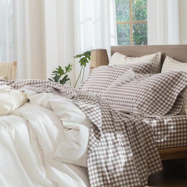 Washed Cotton Checkerboard Sheet With Extra-Deep Pockets And Faux-Linen Feel
