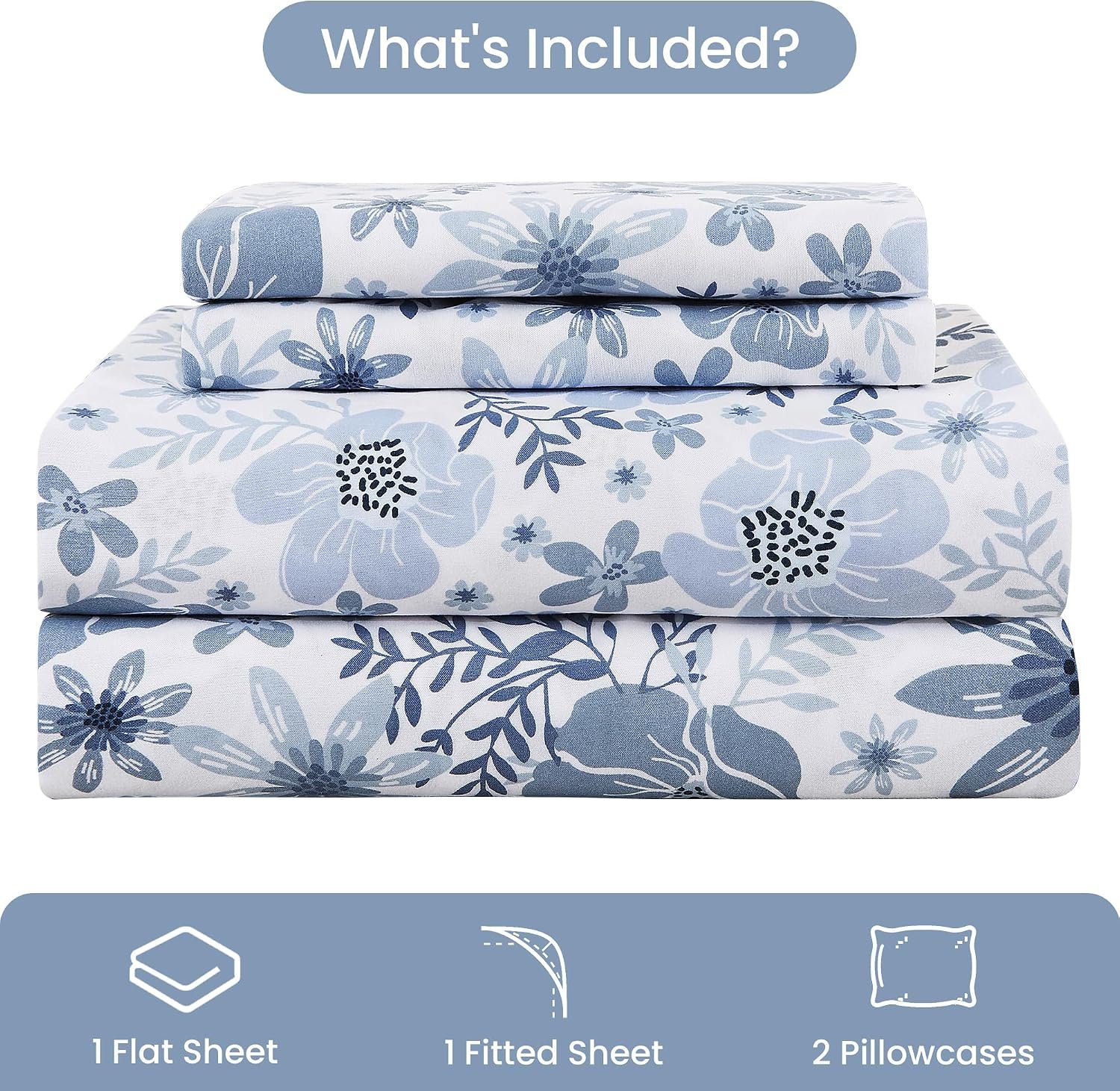 Soft, Breathable Microfiber 4-Piece Set With Blue & White Floral Print And Deep Pockets (Non-Slip) - Image 2