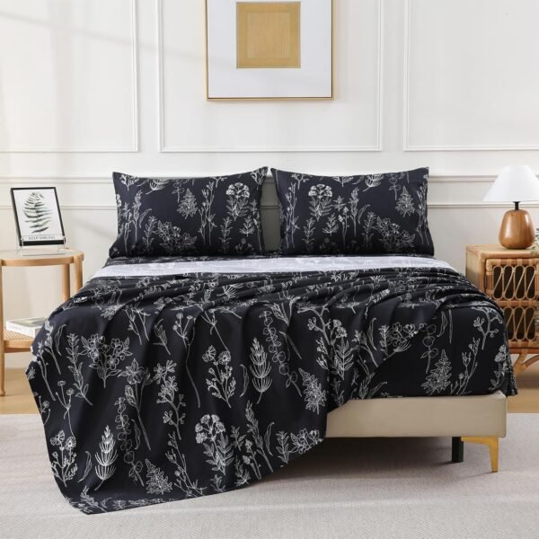 Black Floral Print 4-Piece Set: Soft, Breathable, Cool-Touch, And Extra-Deep Pockets