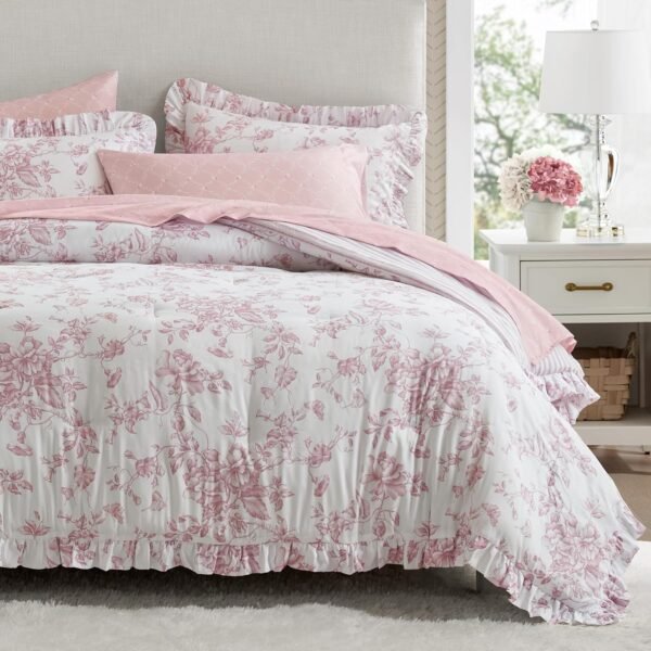 Pink Floral Print 4-Piece Set With Ruffles; Soft, Reversible Design