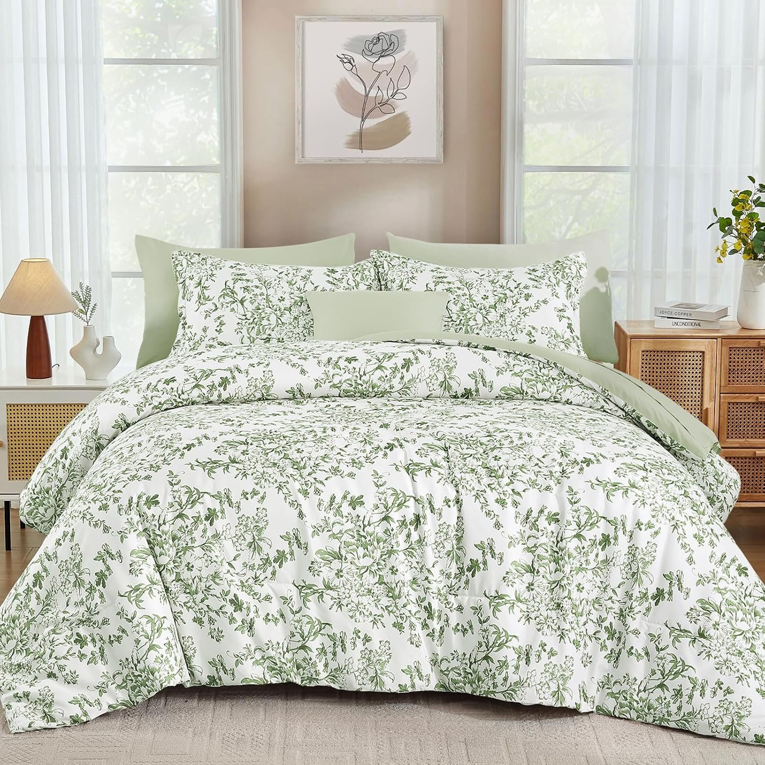 Sage Green Floral Print 4-Piece Set; Soft, Breathable, And Comfortable
