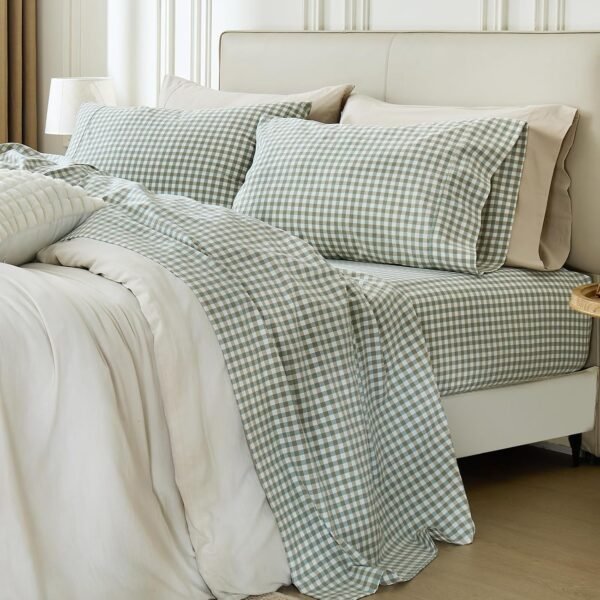 Soft And Breathable Washed Cotton Sheet With Checkerboard Pattern Cottagecore Style