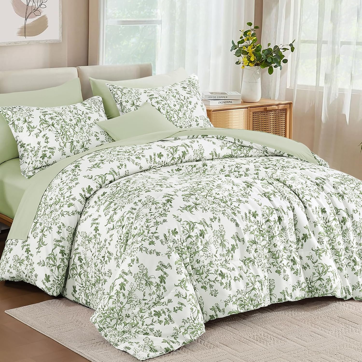 Sage Green Floral Print 4-Piece Set; Soft, Breathable, And Comfortable - Image 2