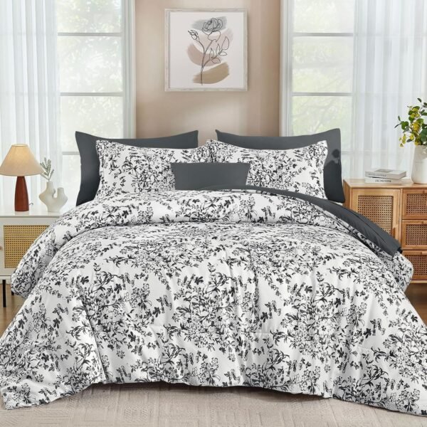 Black And Grey Botanical Floral Print 4-Piece Set; Soft, Fluffy, Comfortable, And Breathable