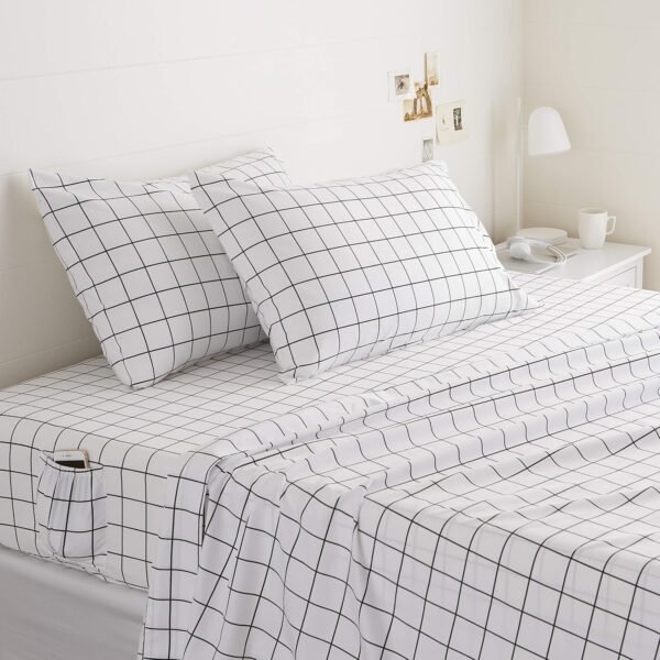 Soft, Breathable Microfiber 4-Piece Set With Black Plaid Pattern And Elastic Side Pockets