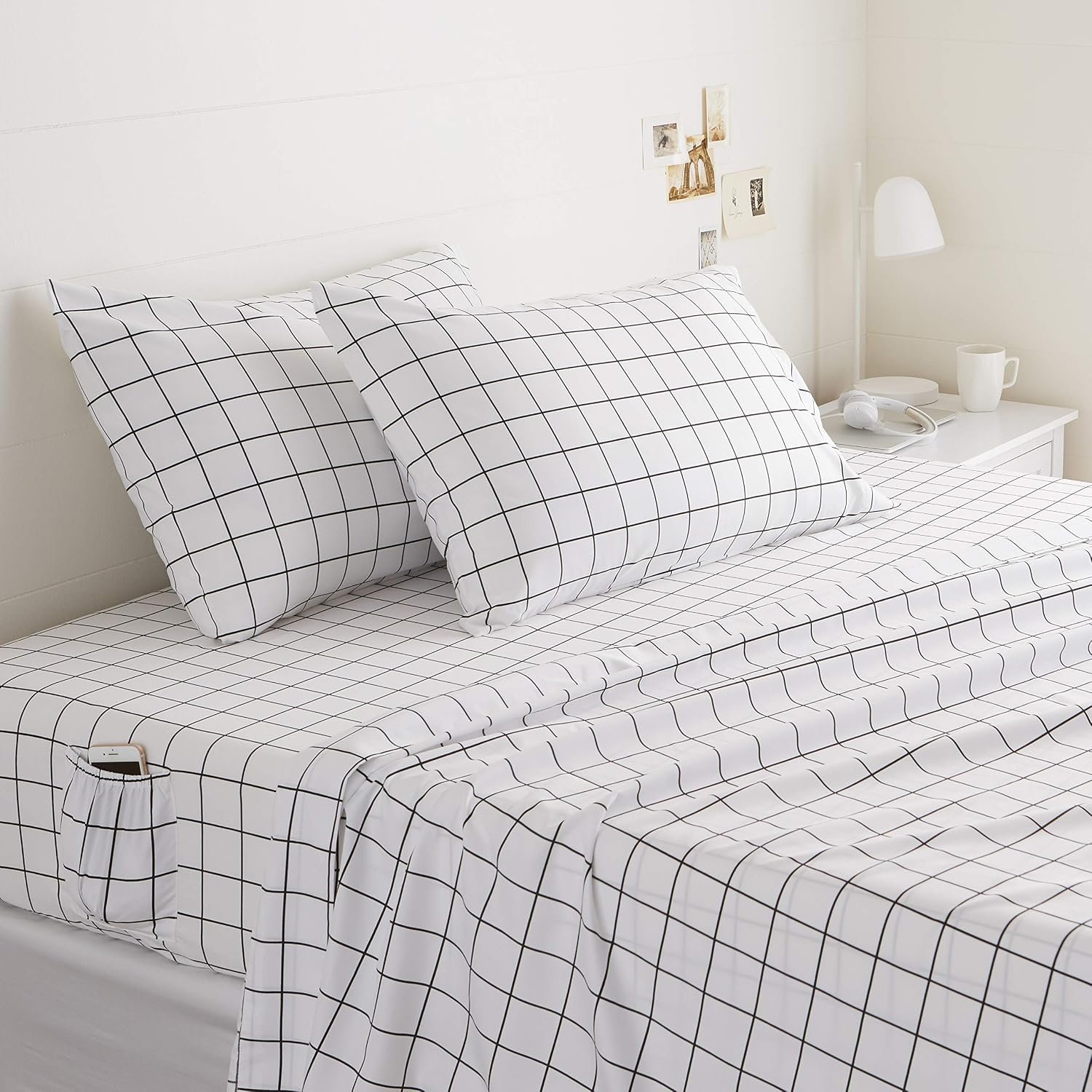 Soft, Breathable Microfiber 4-Piece Set With Black Plaid Pattern And Elastic Side Pockets