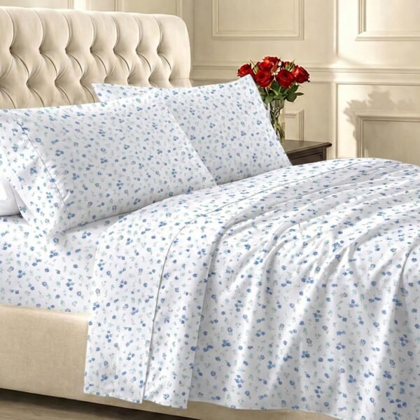 Blue And White Floral Print 4-Piece Set: Soft, Breathable, Comfortable, And Deep-Pocketed