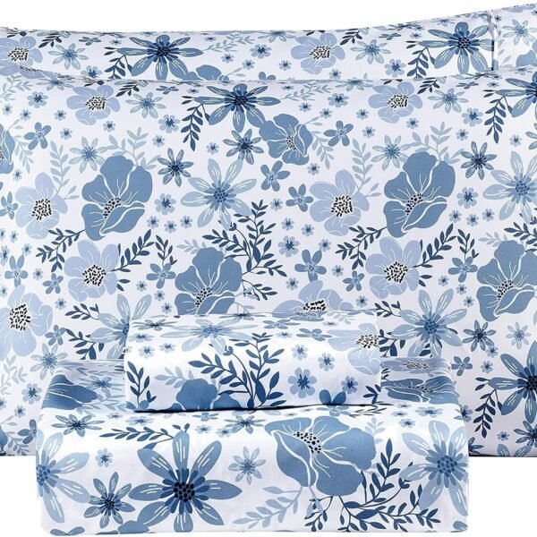 Soft, Breathable Microfiber 4-Piece Set With Blue & White Floral Print And Deep Pockets (Non-Slip)