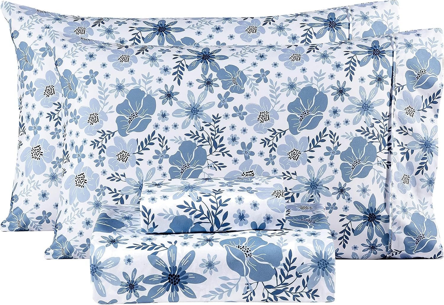 Soft, Breathable Microfiber 4-Piece Set With Blue & White Floral Print And Deep Pockets (Non-Slip)